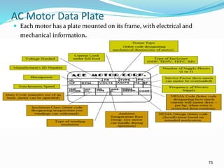 75
AC Motor Data Plate
 Each motor has a plate mounted on its frame, with electrical and
mechanical information.
 