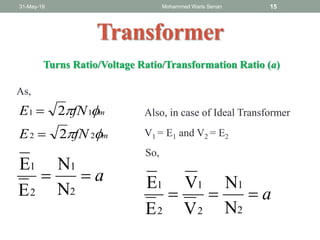 31-May-19 Mohammed Waris Senan 15
Transformer
Turns Ratio/Voltage Ratio/Transformation Ratio (a)
a
2
1
2
1
2
1
N
N
V
V
E
E
m
m
fNE
fNE


22
11
2
2


As,
Also, in case of Ideal Transformer
V1 = E1 and V2 = E2
a
2
1
2
1
N
N
E
E
So,
 