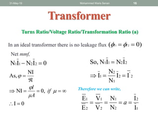31-May-19 Mohammed Waris Senan 16
Transformer
Turns Ratio/Voltage Ratio/Transformation Ratio (a)
In an ideal transformer there is no leakage flux
Net mmf,
0ININ 2211 
0I
0,NI
NI
As,







if
μA
l
2
'
2
1
2
1
2211
II
N
N
I
ININSo,


1
2
2
1
2
1
2
1
I
I
N
N
V
V
E
E
 a
Therefore we can write,
)0( 21  ll 
 