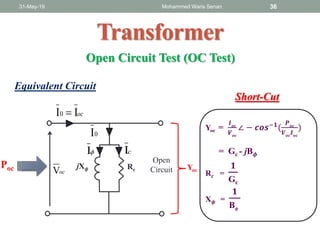 31-May-19 Mohammed Waris Senan 36
Transformer
RcjX 𝜙
ocV
cII
0I
ocII0 
Open
Circuit
Open Circuit Test (OC Test)
Equivalent Circuit
Yoc
Yoc =
𝑰 𝒐𝒄
𝑽 𝒐𝒄
∠ − 𝒄𝒐𝒔−𝟏(
𝑷 𝒐𝒄
𝑽 𝒐𝒄
𝑰 𝒐𝒄
)
= Gc - jB 𝝓
R 𝒄 =
𝟏
Gc
X 𝝓 =
𝟏
B 𝝓
Short-Cut
Poc
 