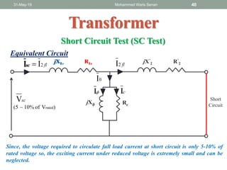 31-May-19 Mohammed Waris Senan 40
Transformer
R1jX1
RcjX 𝜙
scV
cII
0I
scI
Short
Circuit
Short Circuit Test (SC Test)
Equivalent Circuit
jX’
2 R’
2
Since, the voltage required to circulate full load current at short circuit is only 5-10% of
rated voltage so, the exciting current under reduced voltage is extremely small and can be
neglected.
fl2I
)Vof10%(5 rated
jX1e R1eflsc 2II 
 