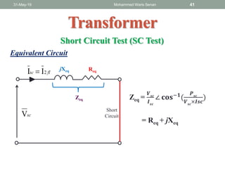 31-May-19 Mohammed Waris Senan 41
Transformer
scV
Short
Circuit
Short Circuit Test (SC Test)
Equivalent Circuit
jXeq Reqflsc 2II 
Zeq Zeq =
𝑽 𝒔𝒄
𝑰 𝒔𝒄
∠ 𝐜𝐨𝐬−𝟏(
𝑷 𝒔𝒄
𝑽 𝒔𝒄
×𝑰𝒔𝒄
)
= Req + jXeq
 