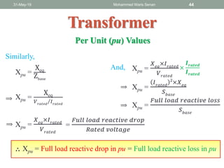 31-May-19 Mohammed Waris Senan 44
Transformer
Xpu =
Xeq
Zbase
Xpu =
Xeq
𝑉 𝑟𝑎𝑡𝑒𝑑
𝐼 𝑟𝑎𝑡𝑒𝑑
Xpu =
𝑋 𝑒𝑞
×𝐼 𝑟𝑎𝑡𝑒𝑑
𝑉 𝑟𝑎𝑡𝑒𝑑
=
𝐹𝑢𝑙𝑙 𝑙𝑜𝑎𝑑 𝑟𝑒𝑎𝑐𝑡𝑖𝑣𝑒 𝑑𝑟𝑜𝑝
𝑅𝑎𝑡𝑒𝑑 𝑣𝑜𝑙𝑡𝑎𝑔𝑒
Xpu = Full load reactive drop in pu
Xpu =
𝑋 𝑒𝑞
×𝐼 𝑟𝑎𝑡𝑒𝑑
𝑉 𝑟𝑎𝑡𝑒𝑑
×
𝑰 𝒓𝒂𝒕𝒆𝒅
𝑰 𝒓𝒂𝒕𝒆𝒅
Xpu =
𝐹𝑢𝑙𝑙 𝑙𝑜𝑎𝑑 𝑟𝑒𝑎𝑐𝑡𝑖𝑣𝑒 𝑙𝑜𝑠𝑠
𝑆 𝑏𝑎𝑠𝑒
= Full load reactive loss in pu
Xpu =
𝐼 𝑟𝑎𝑡𝑒𝑑
2
×𝑋 𝑒𝑞
𝑆 𝑏𝑎𝑠𝑒
∴
⟹
⟹
⟹
⟹
Similarly,
And,
Per Unit (pu) Values
 