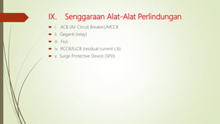 IX. Senggaraan Alat-Alat Perlindungan
 i. ACB (Air Circuit Breaker)/MCCB
 ii. Geganti (relay)
 iii. Fius
 iv. RCCB/ELCB (residual current c.b)
 v. Surge Protective Device (SPD)
 
