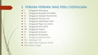 E. PERKARA-PERKARA YANG PERLU DISENGGARA
 I. Senggaraan Pencawang
 II. Senggaraan Ring Main Unit (RMU)
 III. Senggaraan Alatubah (Transformer)
 IV. Senggaraan Pemutus Litar
 V. Senggaraan Kabel Bawah Tanah
 VI. Senggaraan Papan Suis Utama
 VII. Senggaraan ACB, MCCB
 VIII. Senggaraan Geganti
 IX. Senggaraan Janakuasa
 X. Senggaraan Pendawaian
 XI. Senggaraan Kapasitor Bank
 XIV. Switchgear 11kV
 XVII. Kabel voltan tinggi dan rendah
 XVIII. Battery charger
 