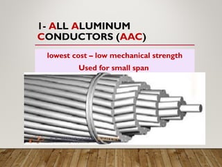 1- ALL ALUMINUM
CONDUCTORS (AAC)
lowest cost – low mechanical strength
Used for small span
 
