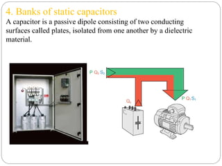 4. Banks of static capacitors
A capacitor is a passive dipole consisting of two conducting
surfaces called plates, isolated from one another by a dielectric
material.
 