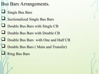Bus Bars Arrangements.
 Single Bus Bars
 Sectionalized Single Bus Bars
 Double Bus Bars with Single CB
 Double Bus Bars with Double CB
 Double Bus Bars with One and Half CB
 Double Bus Bars ( Main and Transfer)
 Ring Bus Bars
 