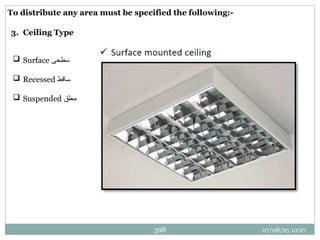 07/08/25 10:27
398
To distribute any area must be specified the following:-
3. Ceiling Type
 Surface ‫سطحى‬
 Recessed ‫ساقط‬
 Suspended ‫معلق‬
 