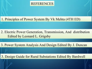 2. Electric Power Generation, Transmission, And distribution
Edited by Leonard L. Grigsby
3. Power System Analysis And Design Edited By J. Duncan
REFERENCES
1. Principles of Power System By Vk Mehta (4TH ED)
3. Design Guide for Rural Substations Edited By Bardwell
 