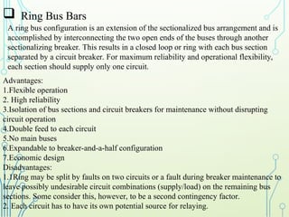  Ring Bus Bars
A ring bus configuration is an extension of the sectionalized bus arrangement and is
accomplished by interconnecting the two open ends of the buses through another
sectionalizing breaker. This results in a closed loop or ring with each bus section
separated by a circuit breaker. For maximum reliability and operational flexibility,
each section should supply only one circuit.
Advantages:
1.Flexible operation
2. High reliability
3.Isolation of bus sections and circuit breakers for maintenance without disrupting
circuit operation
4.Double feed to each circuit
5.No main buses
6.Expandable to breaker-and-a-half configuration
7.Economic design
Disadvantages:
1.1Ring may be split by faults on two circuits or a fault during breaker maintenance to
leave possibly undesirable circuit combinations (supply/load) on the remaining bus
sections. Some consider this, however, to be a second contingency factor.
2. Each circuit has to have its own potential source for relaying.
 