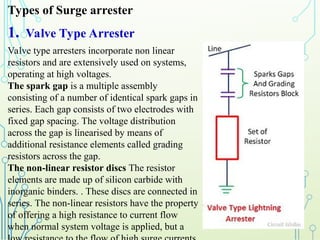 1. Valve Type Arrester
Valve type arresters incorporate non linear
resistors and are extensively used on systems,
operating at high voltages.
The spark gap is a multiple assembly
consisting of a number of identical spark gaps in
series. Each gap consists of two electrodes with
fixed gap spacing. The voltage distribution
across the gap is linearised by means of
additional resistance elements called grading
resistors across the gap.
The non-linear resistor discs The resistor
elements are made up of silicon carbide with
inorganic binders. . These discs are connected in
series. The non-linear resistors have the property
of offering a high resistance to current flow
when normal system voltage is applied, but a
Types of Surge arrester
 
