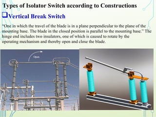 Types of Isolator Switch according to Constructions
Vertical Break Switch
“One in which the travel of the blade is in a plane perpendicular to the plane of the
mounting base. The blade in the closed position is parallel to the mounting base.” The
hinge end includes two insulators, one of which is caused to rotate by the
operating mechanism and thereby open and close the blade.
 