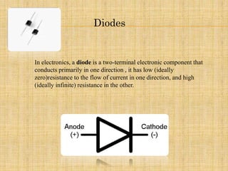 Diodes
In electronics, a diode is a two-terminal electronic component that
conducts primarily in one direction , it has low (ideally
zero)resistance to the flow of current in one direction, and high
(ideally infinite) resistance in the other.
 