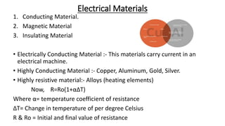 Electrical Materials
1. Conducting Material.
2. Magnetic Material
3. Insulating Material
• Electrically Conducting Material :- This materials carry current in an
electrical machine.
• Highly Conducting Material :- Copper, Aluminum, Gold, Silver.
• Highly resistive material:- Alloys (heating elements)
Now, R=Ro(1+αΔT)
Where α= temperature coefficient of resistance
ΔT= Change in temperature of per degree Celsius
R & Ro = Initial and final value of resistance
 