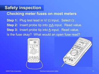 ©2003 Fluke Corporation Electrical measurement safety 13
Safety inspection
Step 1: Plug test lead in V/  input. Select  .
Step 2: Insert probe tip into mA input. Read value.
Step 3: Insert probe tip into A input. Read value.
Is the fuse okay? What would an open fuse read?
Checking meter fuses on most meters
 