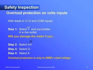©2003 Fluke Corporation Electrical measurement safety 14
With leads in V/  and COM inputs:
Step 1: Select V and put probes
in a live outlet.
Will you damage the meter if you...
Step 2: Select mV
Step 3: Select 
Step 4: Select A.
Overload protection is only to DMM’s rated voltage.
Overload protection on volts inputs
Safety Inspection
 