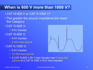 ©2003 Fluke Corporation Electrical measurement safety 22
When is 600 V more than 1000 V?
• CAT III-600 V or CAT II-1000 V?
• The greater the source impedance,the lower
the Category:
• CAT IV-600 V:
• 8 kV impulse
• CAT III-600 V:
• 6 kV impulse
• 2 ohm test source
• CAT II-1000 V:
• 6 kV impulse
• 12 ohm test source
• A CAT III-600 V 6k V test impulse has 6 times the
current of a CAT II-1000 V 6 kV test impulse!
 