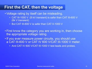 ©2003 Fluke Corporation Electrical measurement safety 23
First the CAT, then the voltage
• Voltage rating by itself can be misleading.
• CAT III-1000 V (8 kV transient) is safer than CAT III-600 V
(6k V transient)
• But CAT III-600 V is safer than CAT II-1000 V
• First know the category you are working in, then choose
the appropriate voltage rating.
• If you ever measure power circuits, you should use
a CAT III-600 V or CAT IV 600 V/CAT III-1000 V meter.
• And CAT IV 600 V/CAT III-1000 V test leads and probes.
 
