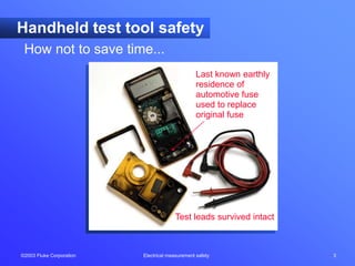 ©2003 Fluke Corporation Electrical measurement safety 3
Handheld test tool safety
Last known earthly
residence of
automotive fuse
used to replace
original fuse
Test leads survived intact
How not to save time...
 