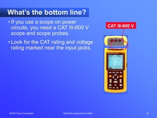 ©2003 Fluke Corporation Electrical measurement safety 32
What’s the bottom line?
• If you use a scope on power
circuits, you need a CAT III-600 V
scope and scope probes.
• Look for the CAT rating and voltage
rating marked near the input jacks.
CAT III-600 V
 