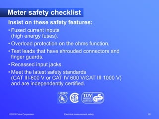 ©2003 Fluke Corporation Electrical measurement safety 35
Meter safety checklist
Insist on these safety features:
• Fused current inputs
(high energy fuses).
• Overload protection on the ohms function.
• Test leads that have shrouded connectors and
finger guards.
• Recessed input jacks.
• Meet the latest safety standards
(CAT III-600 V or CAT IV 600 V/CAT III 1000 V)
and are independently certified.
 