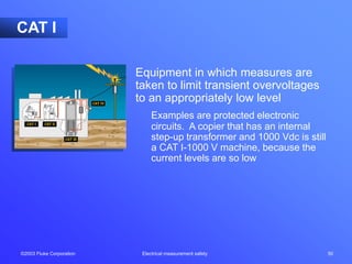 ©2003 Fluke Corporation Electrical measurement safety 50
Equipment in which measures are
taken to limit transient overvoltages
to an appropriately low level
Examples are protected electronic
circuits. A copier that has an internal
step-up transformer and 1000 Vdc is still
a CAT I-1000 V machine, because the
current levels are so low
CAT I
 
