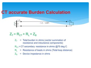 CT accurate Burden Calculation
ZT = RCT + RL + ZB
ZT = Total burden in ohms (vector summation of
resistance and inductance components)
RCT = CT secondary resistance in ohms @75 deg C
RL = Resistance of leads in ohms (Total loop distance)
ZB = Device impedance in ohms
 