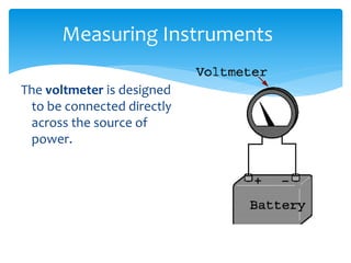 The voltmeter is designed
to be connected directly
across the source of
power.
Measuring Instruments
 