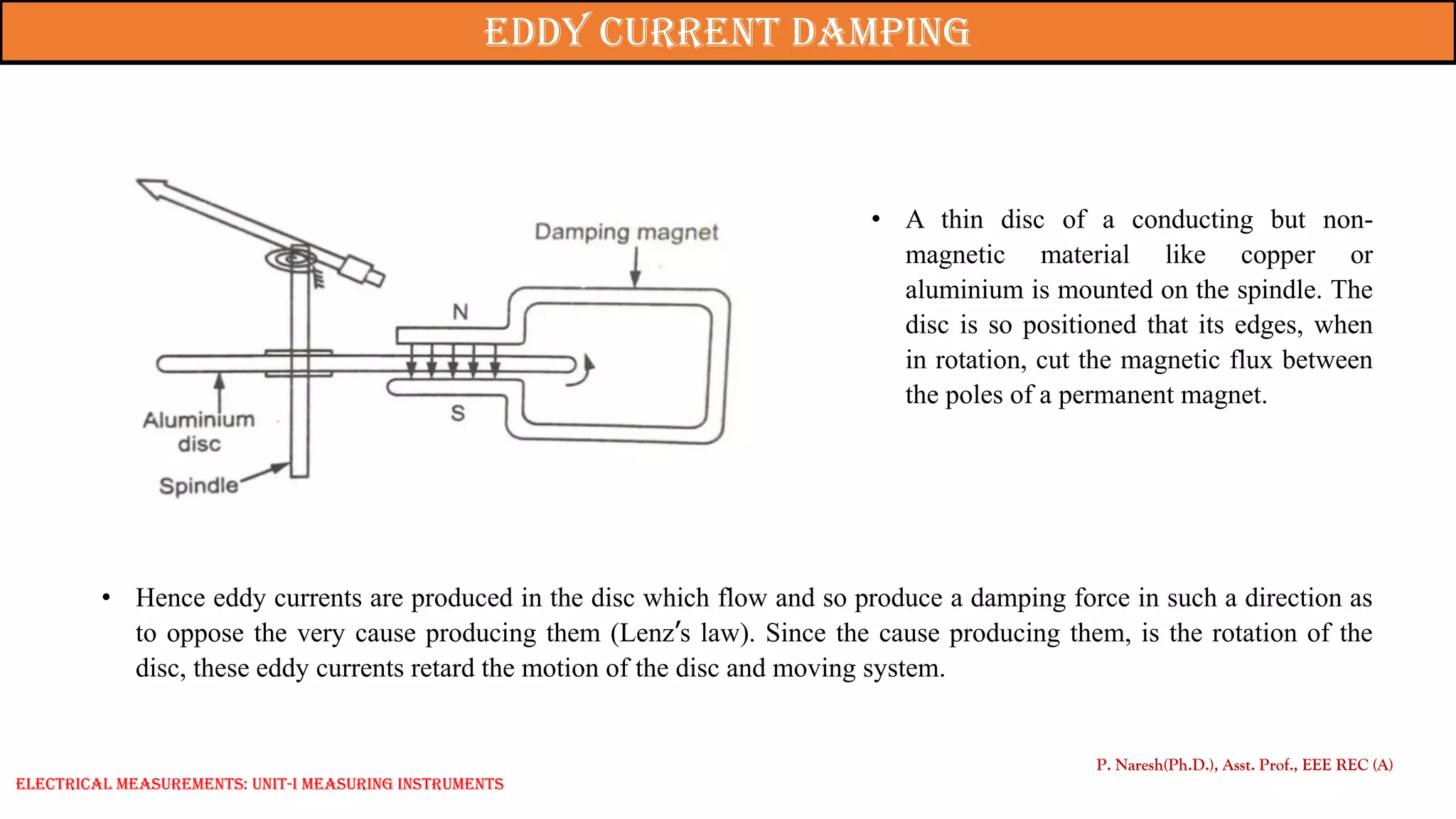 • A thin disc of a conducting but non-
magnetic material like copper or
aluminium is mounted on the spindle. The
disc is so positioned that its edges, when
in rotation, cut the magnetic flux between
the poles of a permanent magnet.
• Hence eddy currents are produced in the disc which flow and so produce a damping force in such a direction as
to oppose the very cause producing them (Lenz’s law). Since the cause producing them, is the rotation of the
disc, these eddy currents retard the motion of the disc and moving system.
P. Naresh(Ph.D.), Asst. Prof., EEE REC (A)
Eddy current damping
Electrical Measurements: UNIT-I MEASURING INSTRUMENTS
 
