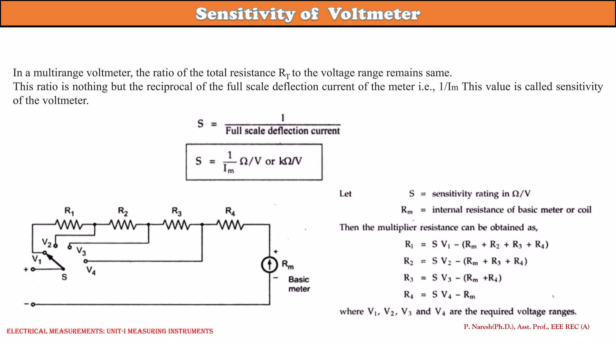 In a multirange voltmeter, the ratio of the total resistance RT to the voltage range remains same.
This ratio is nothing but the reciprocal of the full scale deflection current of the meter i.e., 1/Im This value is called sensitivity
of the voltmeter.
P. Naresh(Ph.D.), Asst. Prof., EEE REC (A)
Electrical Measurements: UNIT-I MEASURING INSTRUMENTS
 