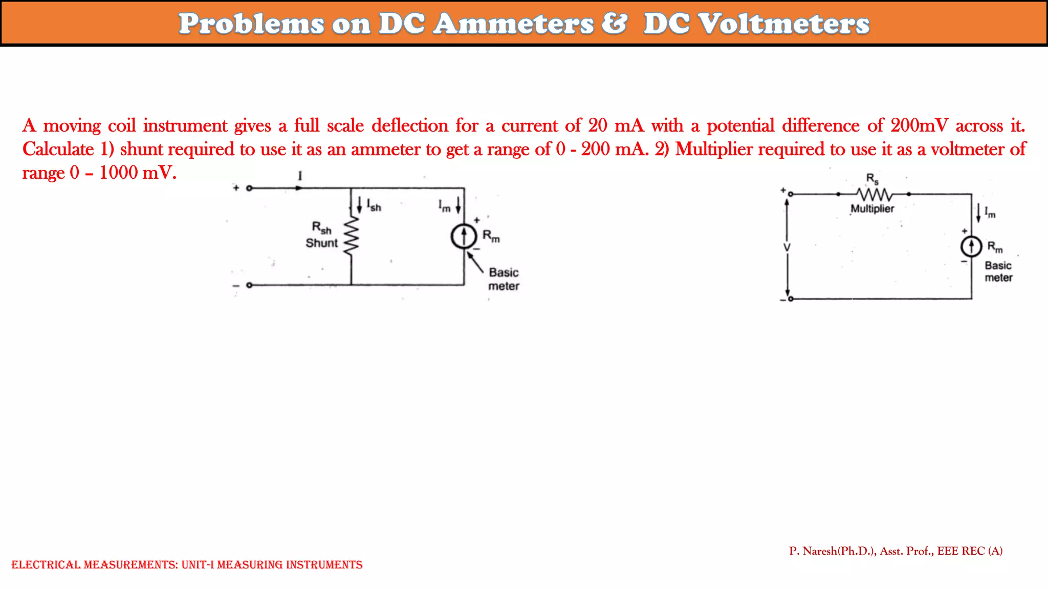 A moving coil instrument gives a full scale deflection for a current of 20 mA with a potential difference of 200mV across it.
Calculate 1) shunt required to use it as an ammeter to get a range of 0 - 200 mA. 2) Multiplier required to use it as a voltmeter of
range 0 – 1000 mV.
P. Naresh(Ph.D.), Asst. Prof., EEE REC (A)
Electrical Measurements: UNIT-I MEASURING INSTRUMENTS
 