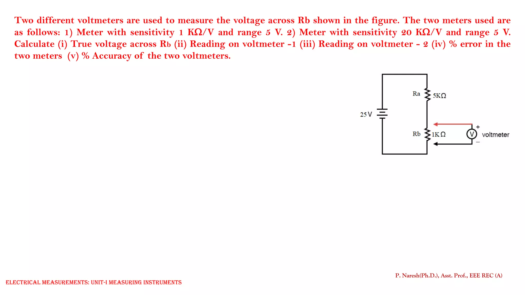 Two different voltmeters are used to measure the voltage across Rb shown in the figure. The two meters used are
as follows: 1) Meter with sensitivity 1 K/V and range 5 V. 2) Meter with sensitivity 20 K/V and range 5 V.
Calculate (i) True voltage across Rb (ii) Reading on voltmeter -1 (iii) Reading on voltmeter - 2 (iv) % error in the
two meters (v) % Accuracy of the two voltmeters.
P. Naresh(Ph.D.), Asst. Prof., EEE REC (A)
Electrical Measurements: UNIT-I MEASURING INSTRUMENTS
 