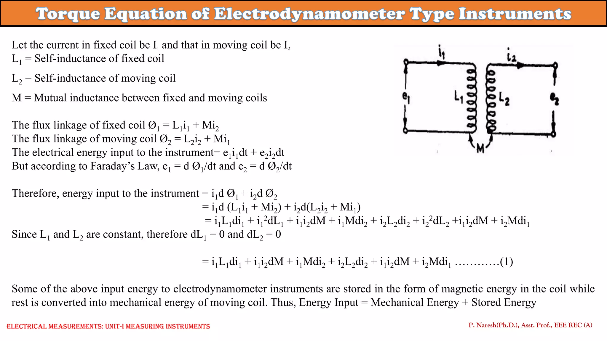 Let the current in fixed coil be I1 and that in moving coil be I2
L1 = Self-inductance of fixed coil
L2 = Self-inductance of moving coil
M = Mutual inductance between fixed and moving coils
The flux linkage of fixed coil Ø1 = L1i1 + Mi2
The flux linkage of moving coil Ø2 = L2i2 + Mi1
The electrical energy input to the instrument= e1i1dt + e2i2dt
But according to Faraday’s Law, e1 = d Ø1/dt and e2 = d Ø2/dt
Therefore, energy input to the instrument = i1d Ø1 + i2d Ø2
= i1d (L1i1 + Mi2) + i2d(L2i2 + Mi1)
= i1L1di1 + i1
2dL1 + i1i2dM + i1Mdi2 + i2L2di2 + i2
2dL2 +i1i2dM + i2Mdi1
Since L1 and L2 are constant, therefore dL1 = 0 and dL2 = 0
= i1L1di1 + i1i2dM + i1Mdi2 + i2L2di2 + i1i2dM + i2Mdi1 …………(1)
Some of the above input energy to electrodynamometer instruments are stored in the form of magnetic energy in the coil while
rest is converted into mechanical energy of moving coil. Thus, Energy Input = Mechanical Energy + Stored Energy
P. Naresh(Ph.D.), Asst. Prof., EEE REC (A)
Electrical Measurements: UNIT-I MEASURING INSTRUMENTS
 