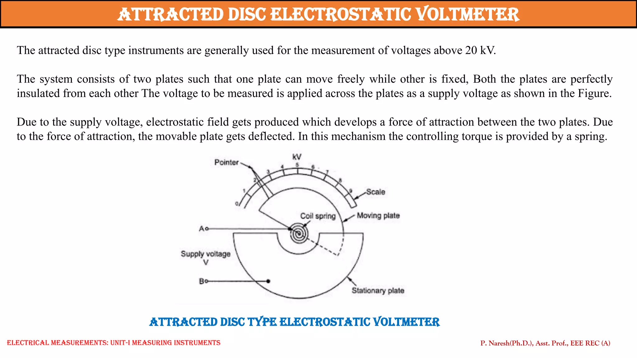 Attracted Disc Type Electrostatic Voltmeter
Attracted Disc Electrostatic Voltmeter
The attracted disc type instruments are generally used for the measurement of voltages above 20 kV.
The system consists of two plates such that one plate can move freely while other is fixed, Both the plates are perfectly
insulated from each other The voltage to be measured is applied across the plates as a supply voltage as shown in the Figure.
Due to the supply voltage, electrostatic field gets produced which develops a force of attraction between the two plates. Due
to the force of attraction, the movable plate gets deflected. In this mechanism the controlling torque is provided by a spring.
P. Naresh(Ph.D.), Asst. Prof., EEE REC (A)
Electrical Measurements: UNIT-I MEASURING INSTRUMENTS
 