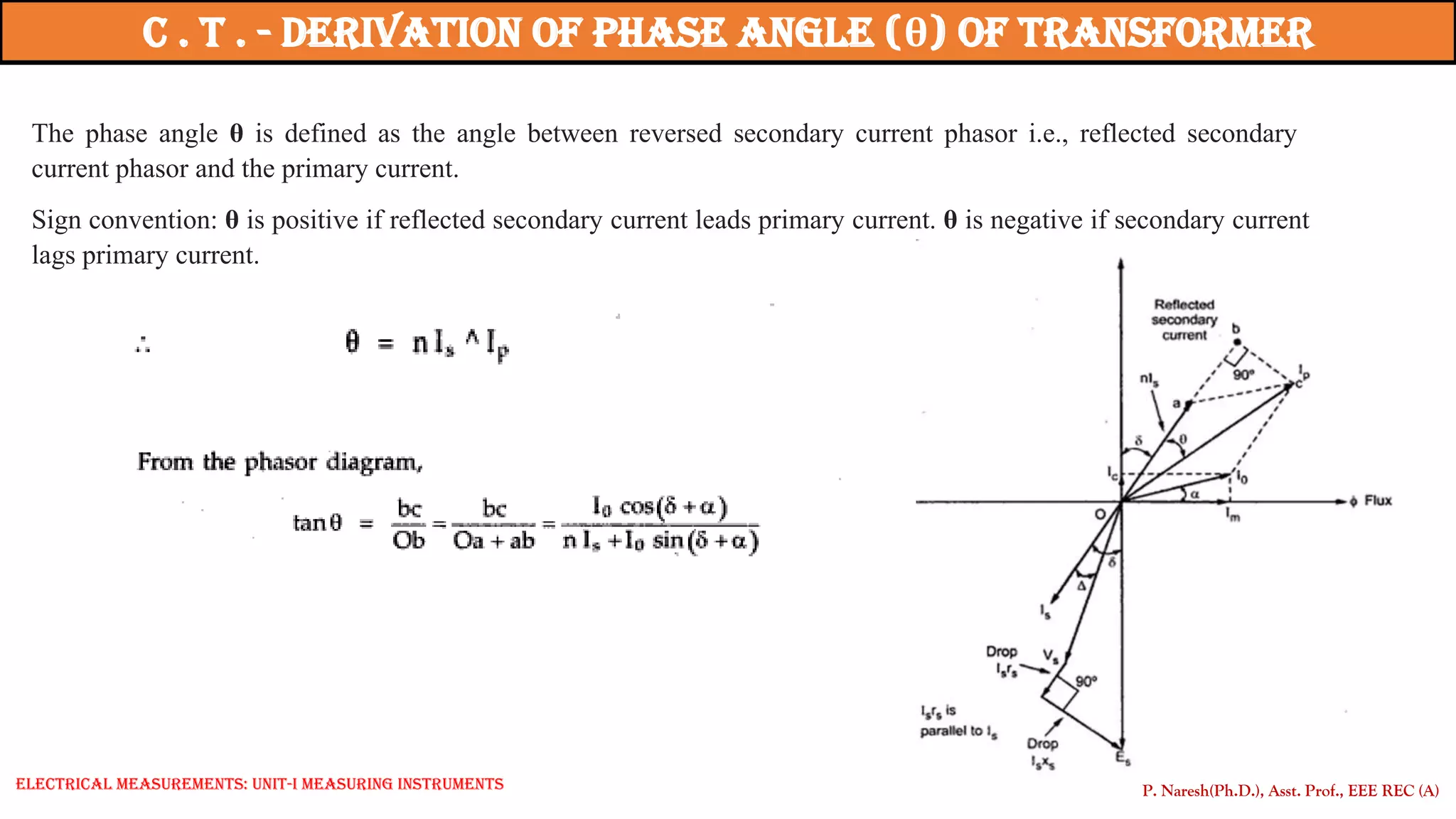 The phase angle θ is defined as the angle between reversed secondary current phasor i.e., reflected secondary
current phasor and the primary current.
Sign convention: θ is positive if reflected secondary current leads primary current. θ is negative if secondary current
lags primary current.
P. Naresh(Ph.D.), Asst. Prof., EEE REC (A)
C . T . - Derivation of Phase Angle (θ) of Transformer
Electrical Measurements: UNIT-I MEASURING INSTRUMENTS
 