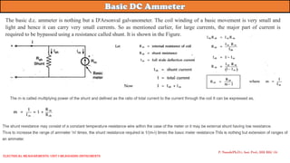 P. Naresh(Ph.D.), Asst. Prof., EEE REC (A)
Electrical Measurements: UNIT-I MEASURING INSTRUMENTS
The basic d.c. ammeter is nothing but a D'Arsonval galvanometer. The coil winding of a basic movement is very small and
light and hence it can carry very small currents. So as mentioned earlier, for large currents, the major part of current is
required to be bypassed using a resistance called shunt. It is shown in the Figure.
 