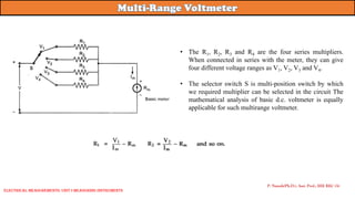 • The R1, R2, R3 and R4 are the four series multipliers.
When connected in series with the meter, they can give
four different voltage ranges as V1, V2, V3 and V4.
• The selector switch S is multi-position switch by which
we required multiplier can be selected in the circuit The
mathematical analysis of basic d.c. voltmeter is equally
applicable for such multirange voltmeter.
P. Naresh(Ph.D.), Asst. Prof., EEE REC (A)
Electrical Measurements: UNIT-I MEASURING INSTRUMENTS
 