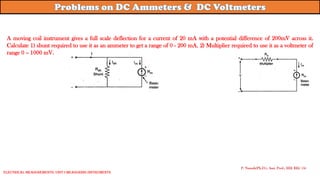 A moving coil instrument gives a full scale deflection for a current of 20 mA with a potential difference of 200mV across it.
Calculate 1) shunt required to use it as an ammeter to get a range of 0 - 200 mA. 2) Multiplier required to use it as a voltmeter of
range 0 – 1000 mV.
P. Naresh(Ph.D.), Asst. Prof., EEE REC (A)
Electrical Measurements: UNIT-I MEASURING INSTRUMENTS
 