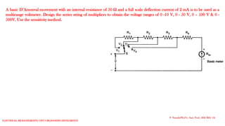 A basic D’Arsonval movement with an internal resistance of 50  and a full scale deflection current of 2 mA is to be used as a
multirange voltmeter. Design the series string of multipliers to obtain the voltage ranges of 0 -10 V, 0 - 50 V, 0 – 100 V & 0 -
500V. Use the sensitivity method.
P. Naresh(Ph.D.), Asst. Prof., EEE REC (A)
Electrical Measurements: UNIT-I MEASURING INSTRUMENTS
 