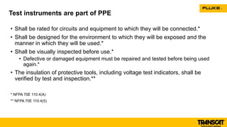 • Shall be rated for circuits and equipment to which they will be connected.*
• Shall be designed for the environment to which they will be exposed and the
manner in which they will be used.*
• Shall be visually inspected before use.*
• Defective or damaged equipment must be repaired and tested before being used
again.*
• The insulation of protective tools, including voltage test indicators, shall be
verified by test and inspection.**
* NFPA 70E 110.4(A)
** NFPA 70E 110.4(5)
Test instruments are part of PPE
 
