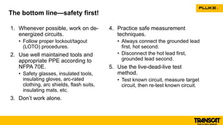 1. Whenever possible, work on de-
energized circuits.
• Follow proper lockout/tagout
(LOTO) procedures.
2. Use well maintained tools and
appropriate PPE according to
NFPA 70E.
• Safety glasses, insulated tools,
insulating gloves, arc-rated
clothing, arc shields, flash suits,
insulating mats, etc.
3. Don’t work alone.
4. Practice safe measurement
techniques.
• Always connect the grounded lead
first, hot second.
• Disconnect the hot lead first,
grounded lead second.
5. Use the live-dead-live test
method.
• Test known circuit, measure target
circuit, then re-test known circuit.
The bottom line—safety first!
 