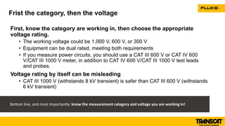 First, know the category are working in, then choose the appropriate
voltage rating.
• The working voltage could be 1,000 V, 600 V, or 300 V
• Equipment can be dual rated, meeting both requirements
• If you measure power circuits, you should use a CAT III 600 V or CAT IV 600
V/CAT III 1000 V meter, in addition to CAT IV 600 V/CAT III 1000 V test leads
and probes.
Voltage rating by itself can be misleading
• CAT III 1000 V (withstands 8 kV transient) is safer than CAT III 600 V (withstands
6 kV transient)
Frist the category, then the voltage
Bottom line, and most importantly: know the measurement category and voltage you are working in!
 