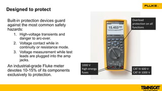 Built-in protection devices guard
against the most common safety
hazards:
1. High-voltage transients and
danger to arc-over.
2. Voltage contact while in
continuity or resistance mode.
3. Voltage measurement while test
leads are plugged into the amp
jacks.
An industrial-grade Fluke meter
devotes 10-15% of its components
exclusively to protection.
Designed to protect
1000 V
high-energy
fuses
CAT IV 600 V
CAT III 1000 V
Overload
protection on all
functions
 