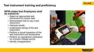 NFPA states that Employees shall
be trained to:
• Select an appropriate test
instrument for a given task
• Demonstrate how to use a test
instrument
• Interpret results
• Understand ratings of the test
instrument
• Perform a visual inspection of the
test instrument and accessories
• Perform an operational verification
on a known voltage source
• Identify misapplication
Test instrument training and proficiency
 