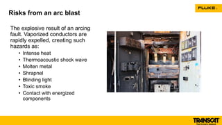 The explosive result of an arcing
fault. Vaporized conductors are
rapidly expelled, creating such
hazards as:
• Intense heat
• Thermoacoustic shock wave
• Molten metal
• Shrapnel
• Blinding light
• Toxic smoke
• Contact with energized
components
Risks from an arc blast
 