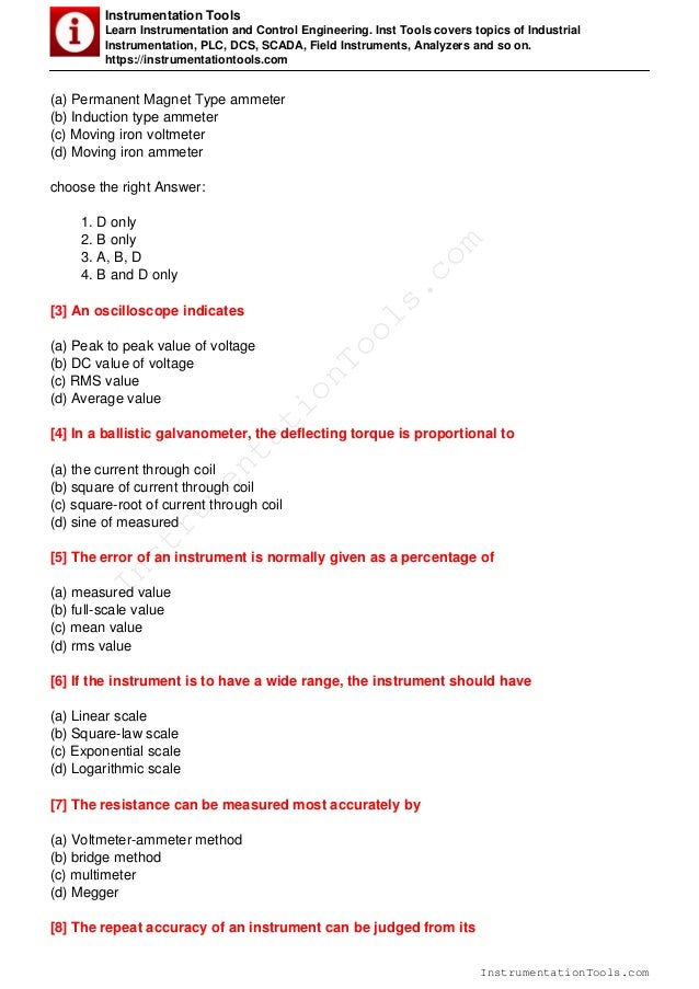 Electrical measurements and instrumentation MCQ