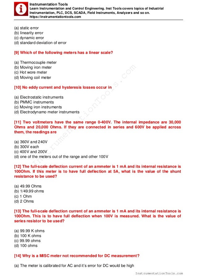 Electrical measurements and instrumentation MCQ