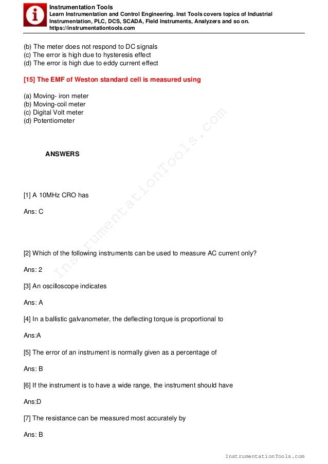 Electrical measurements and instrumentation MCQ