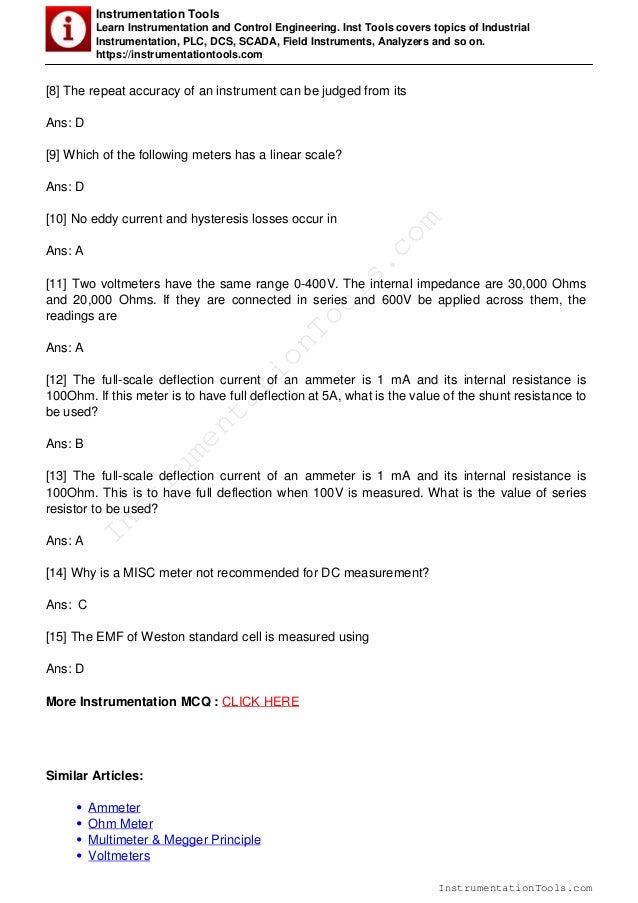 Electrical measurements and instrumentation MCQ
